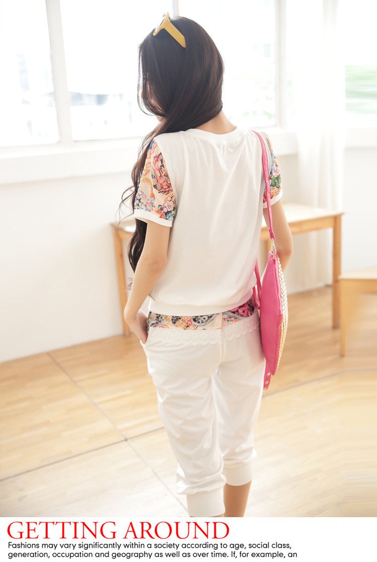 叶惠美 货到付款 2015夏装新款  韩版蕾丝花边学院甜美七分裤休闲时尚套装 白色 L