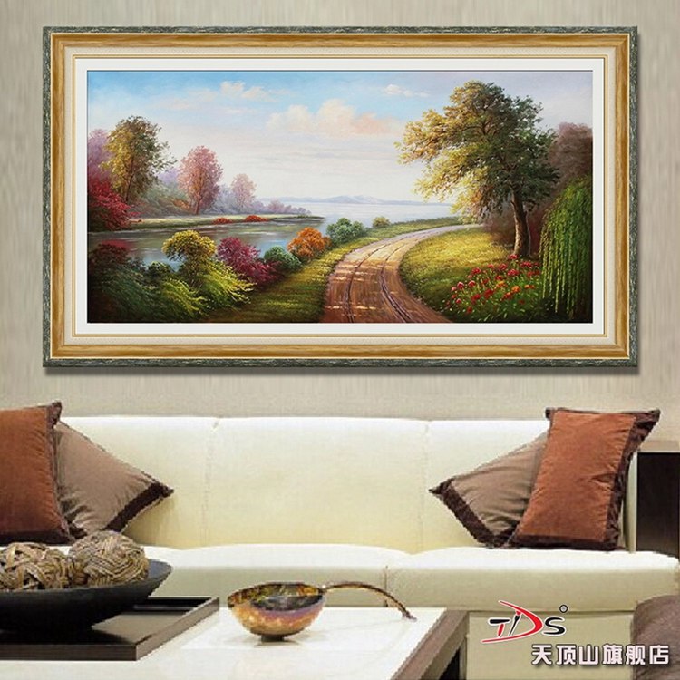 天顶山 现代客厅欧式沙发背景墙有框三联画卧室壁画挂画大幅挂画 欧式复古风景 83*143CM