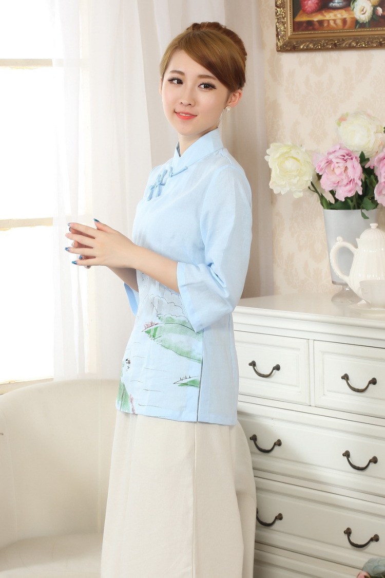 And Jing Ge female Tang Women's clothes summer T-shirt, for a tight hand-painted cotton the Chinese Han-female improved light blue 2 XL pictures, price, brand platters! Elections are good character, the national distribution, so why buy now enjoy more preferential! Health