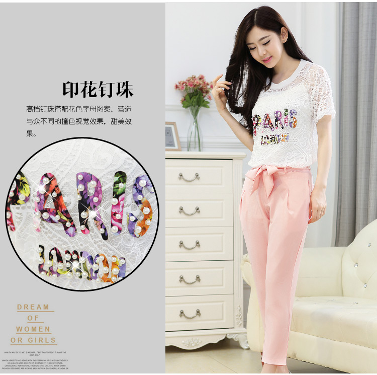 澳奇美（Aoqimei)2015夏季新款名媛两件套蕾丝短袖+雪纺裤时尚休闲套装9061 粉红色 L