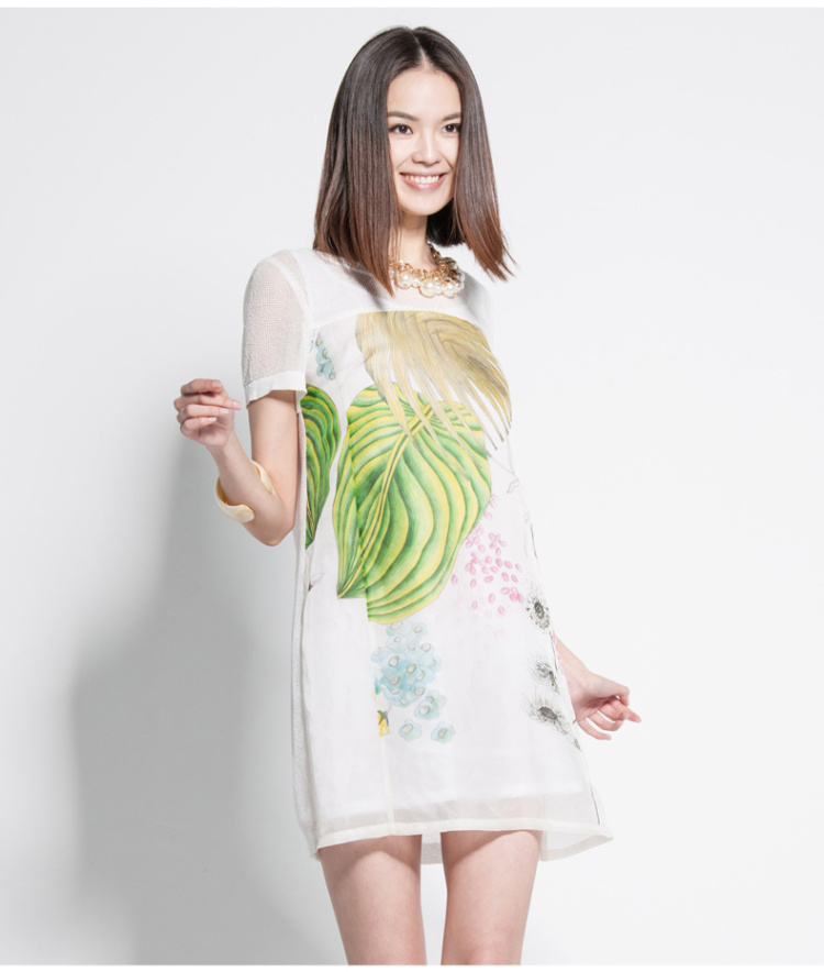 EP雅莹 女装清新针织桑蚕丝印花双层连衣裙 白色 5/XL