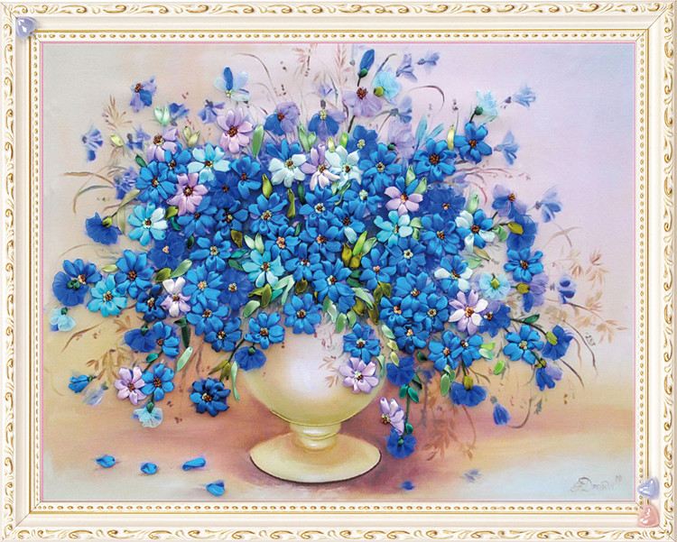 
                                        悠趣 手工绣丝带绣套件 书房客厅装饰挂画 花瓶 60x45CM 蓝语芳香 A-308                