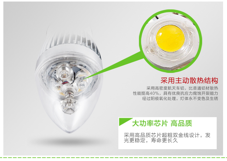 正品沐家灯饰大功率客厅卧室灯泡 E14适用LED灯头水晶尖灯泡MLED001 3W白