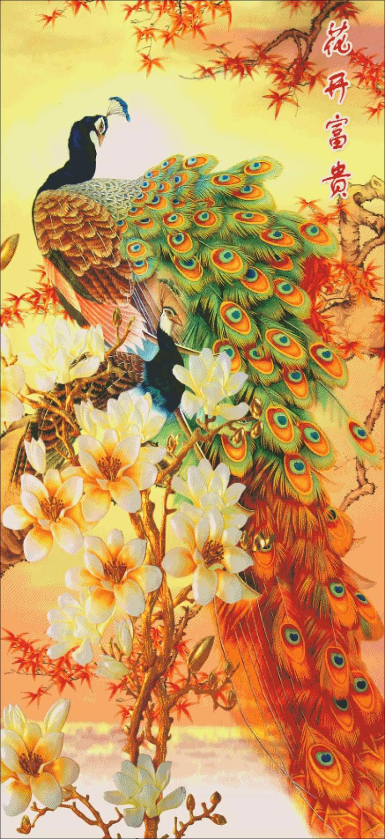 
                                        青藤紫萱 竖版新款玄关走廊大画  花开富贵孔雀玉兰花3D 印花十字绣 9CT棉线大版106*200cm满绣                