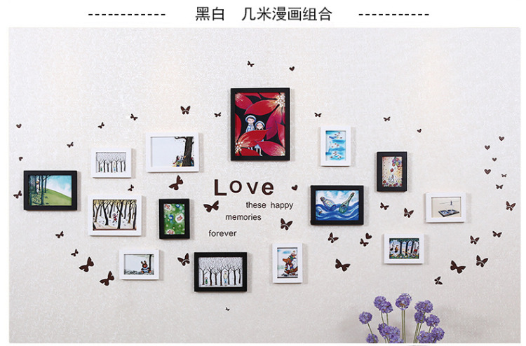 佰御祥 实木照片墙相框墙欧式卧室结婚照挂墙相片墙组合创意家居饰品14框照片墙 纯白爱情海