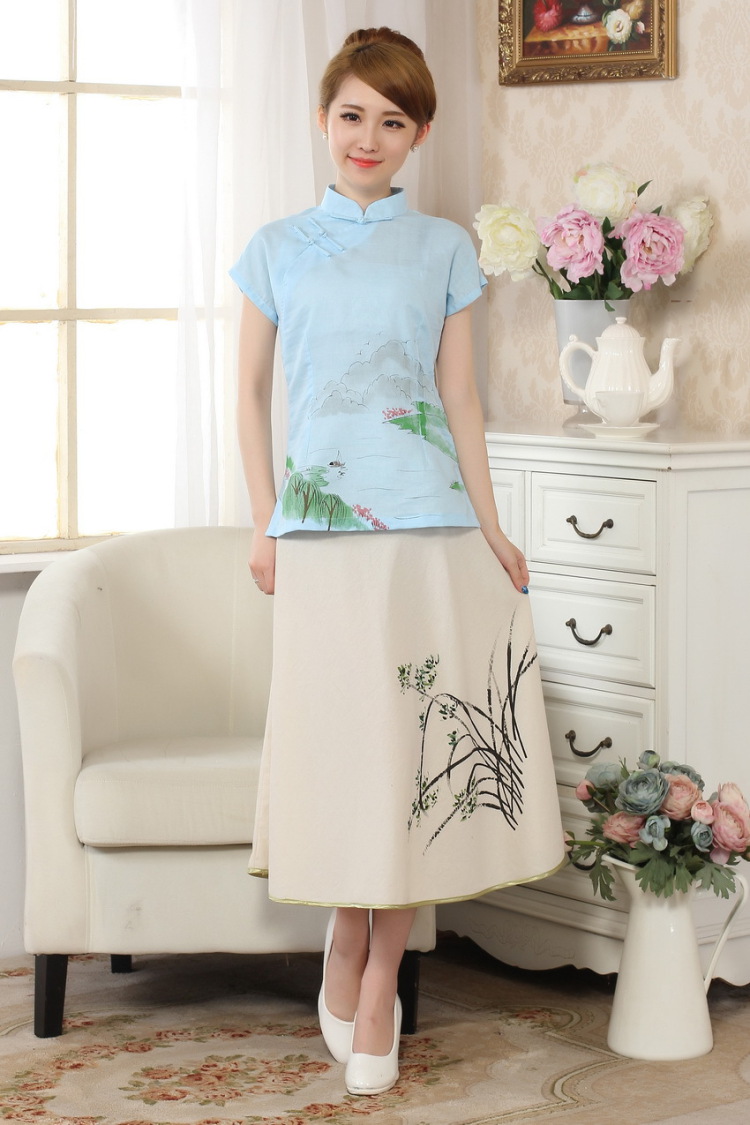 The frequency response, Ms. Tang Women's clothes summer wear T-shirt, cotton for the hand-painted Chinese Han-female improved Tang replace short-sleeve - A blue 2 XL pictures, price, brand platters! Elections are good character, the national distribution, so why buy now enjoy more preferential! Health