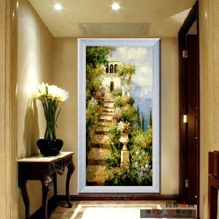 
                                        资深画师纯手绘油画 欧式玄关装饰画竖版画风景画地中海海景家居饰品墙画挂画走廊壁画过道壁挂 银色边框 70*90厘米                