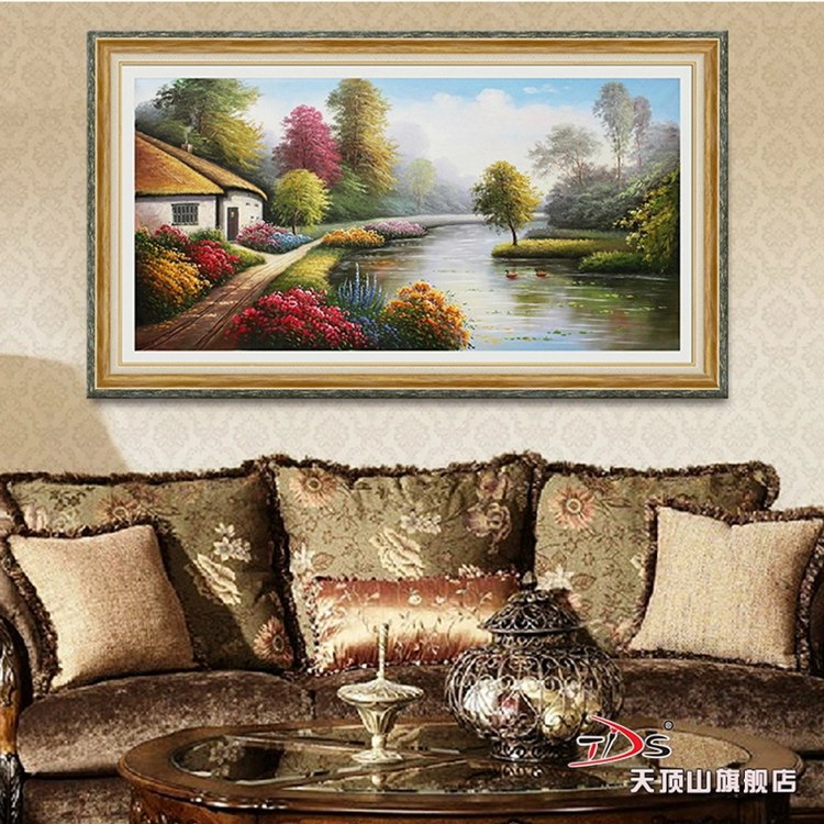 天顶山 现代客厅欧式沙发背景墙有框三联画卧室壁画挂画大幅挂画 欧式复古风景 83*143CM