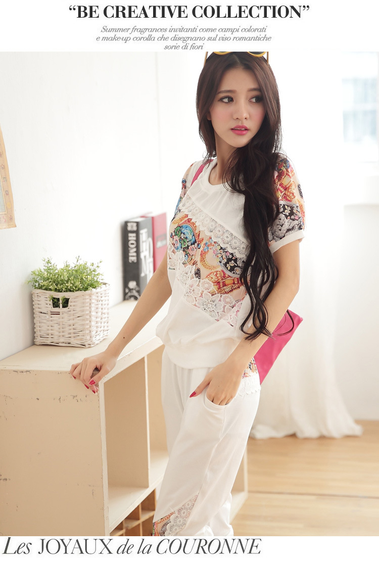 叶惠美 货到付款 2015夏装新款  韩版蕾丝花边学院甜美七分裤休闲时尚套装 白色 L