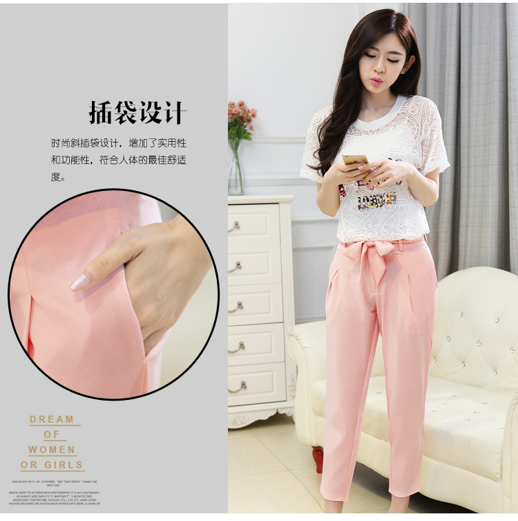 澳奇美（Aoqimei)2015夏季新款名媛两件套蕾丝短袖+雪纺裤时尚休闲套装9061 粉红色 L