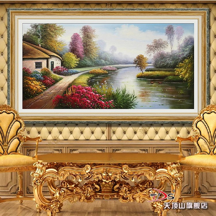 天顶山 现代客厅欧式沙发背景墙有框三联画卧室壁画挂画大幅挂画 欧式复古风景 83*143CM