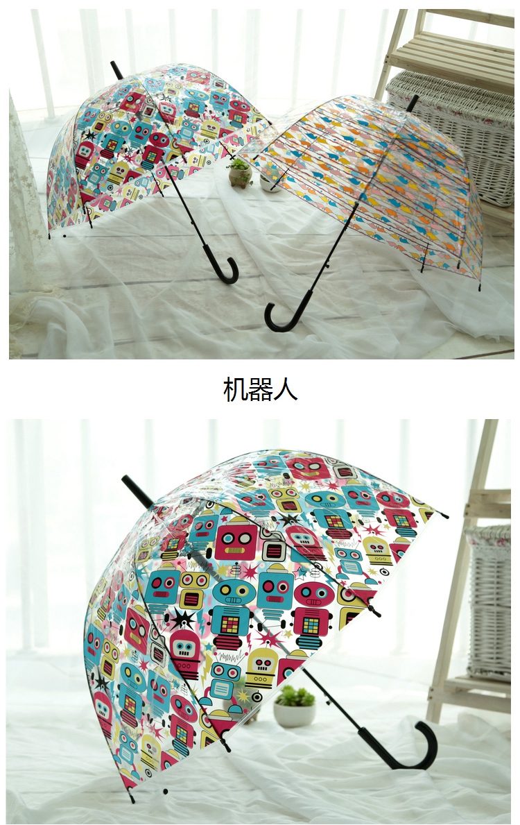 up-hunceo女士阿波罗直杆伞 透明PVC晴雨伞 洋伞 房子涂鸦 直径80cm