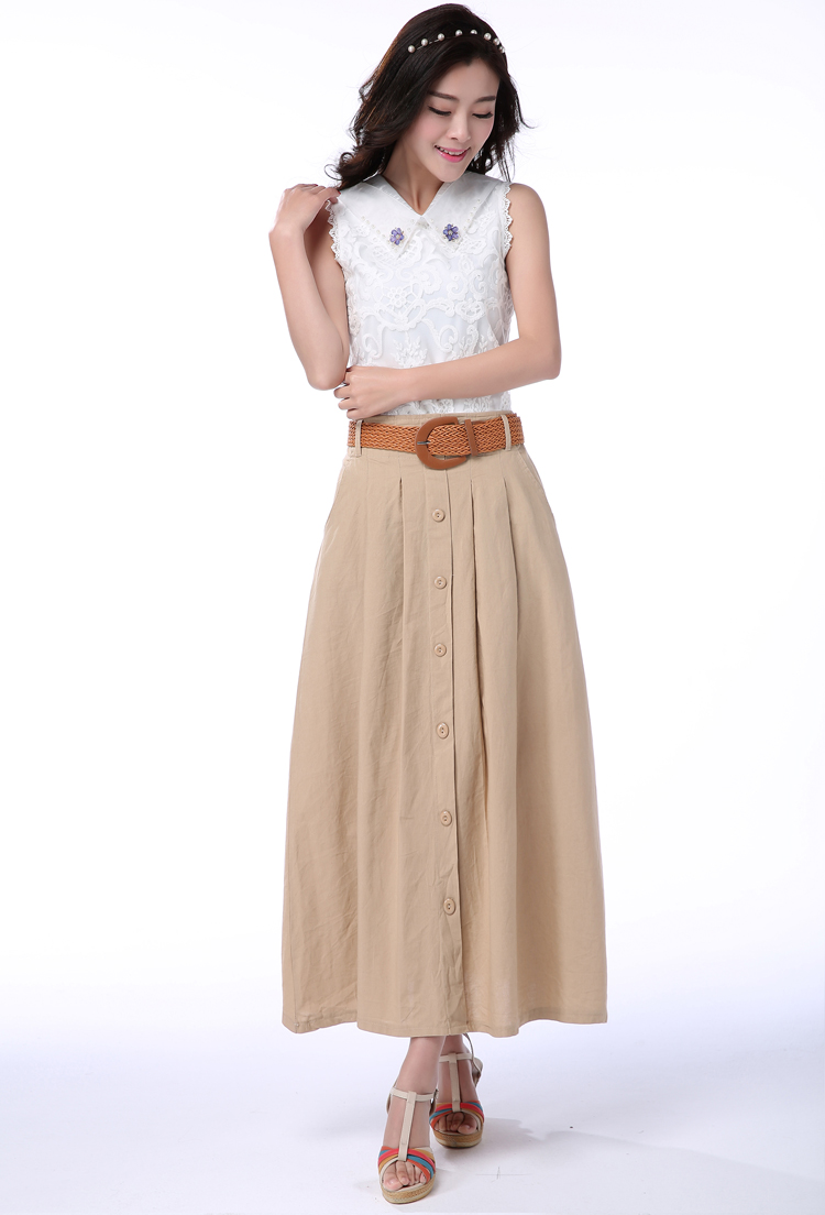贝妮鹿2015夏季新款女裙半身裙子中长款棉麻长裙文艺高腰半身长裙休闲显瘦 蓝色 L