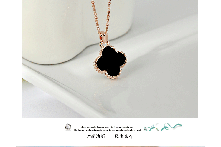 四叶草项链女款四叶草锁骨链吊坠18K玫瑰金项链短款时尚饰品创意礼品送 迷你小号银色链单面黑色四叶草