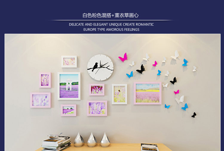 
                                        娜芸 实木创意组合照片墙 挂钟相框墙 沙发背景墙贴画 3D立体亚克力墙贴画 田园风格 黑白                