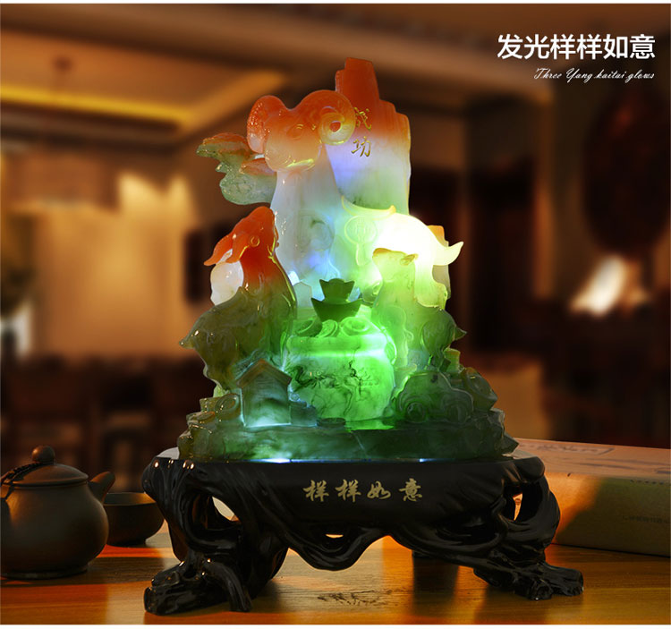 宇皇梦艺 羊摆招财三羊开泰中式树脂摆件书房客厅办公室电视柜摆件办公桌家居装饰品羊摆件礼品 发光黄玉羊大号23a6