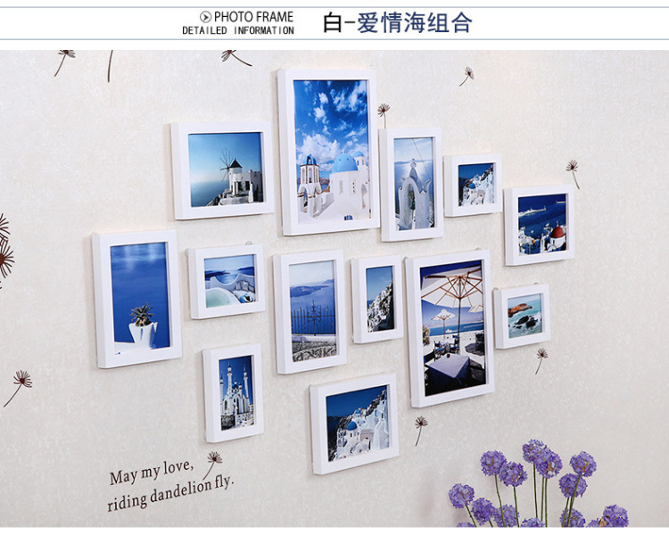 佰御祥 实木照片墙 欧式客厅墙面相框墙 地爱情海相片墙 相框创意13框照片墙 黑白几米