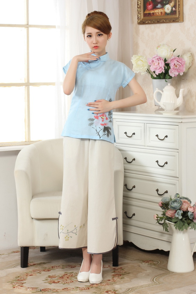 The frequency response, Ms. Tang Women's clothes summer wear T-shirt, cotton for the hand-painted Chinese Han-female improved Tang replace short-sleeve - A blue L pictures, price, brand platters! Elections are good character, the national distribution, so why buy now enjoy more preferential! Health