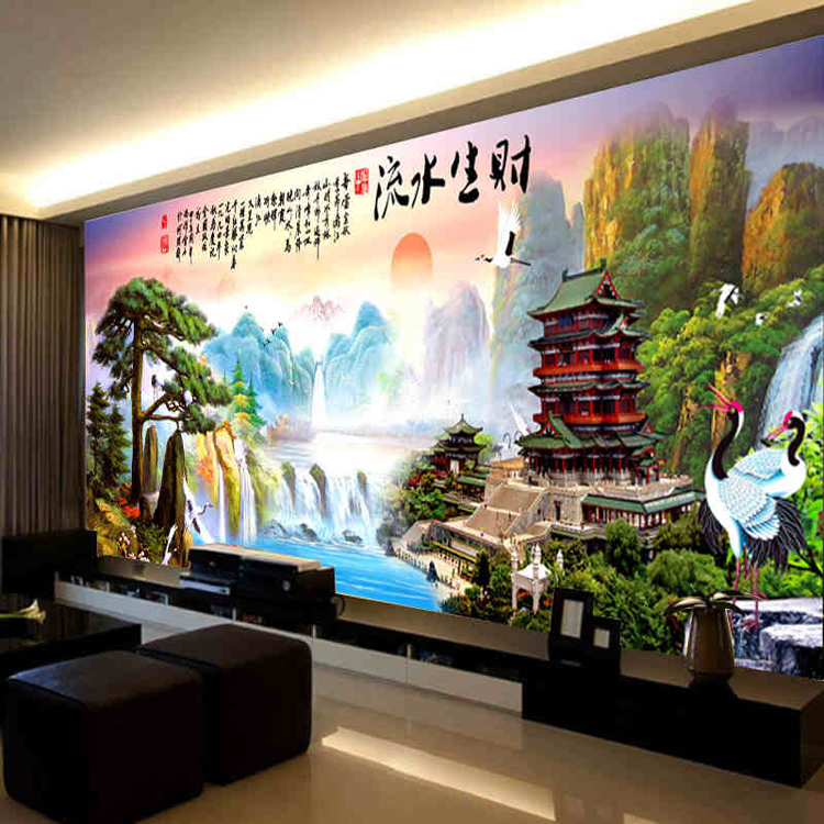 
                                        K-S十字绣客厅新款大幅迎客松流水生财聚宝盆风景山水画2米精准印花szx 3股绣 11CT棉线印花 绣布尺寸190X75cm                