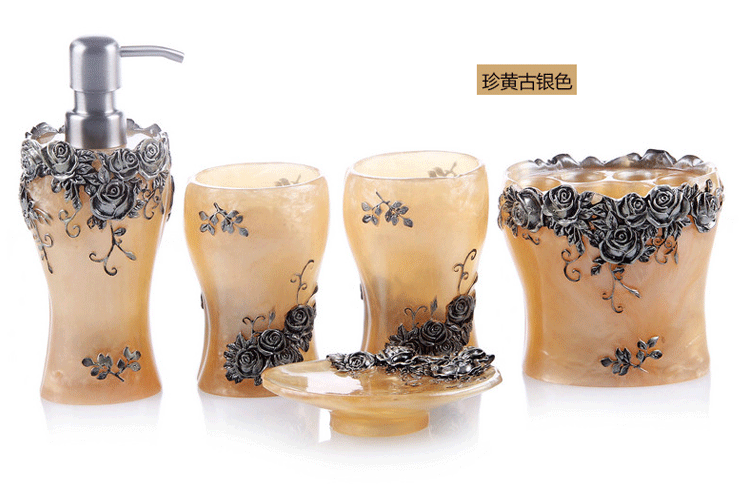 微品多创意新款洗漱套装卫生间简约卫浴五件套欧式树脂卫浴装饰品新婚时尚礼品 珍黄古铜色五件套+托盘