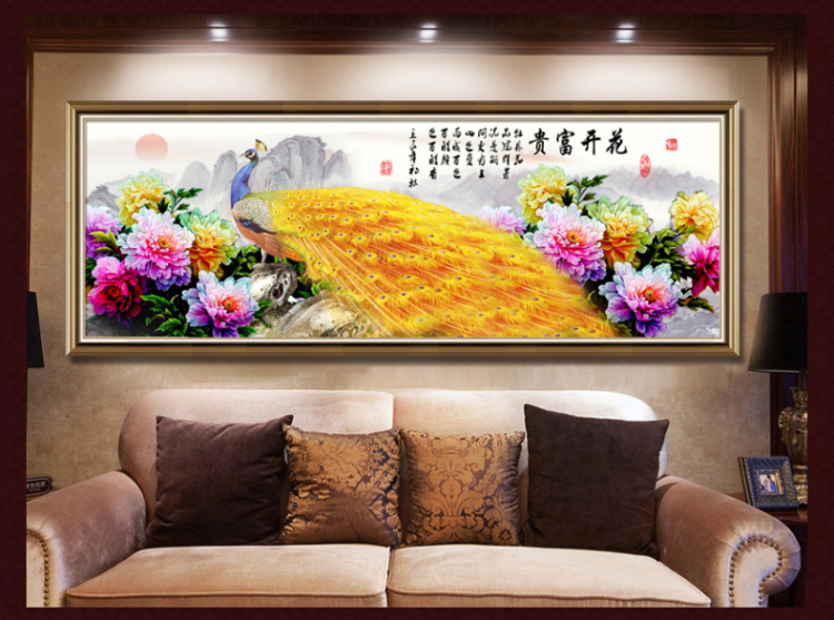 钻石画十字绣客厅新款钻石十字绣钻石绣卧室5d钻石画孔雀满钻砖石点钻石画花开富贵十字绣贴钻石 150*58cm魔方圆钻满钻升级版26切面更闪亮
