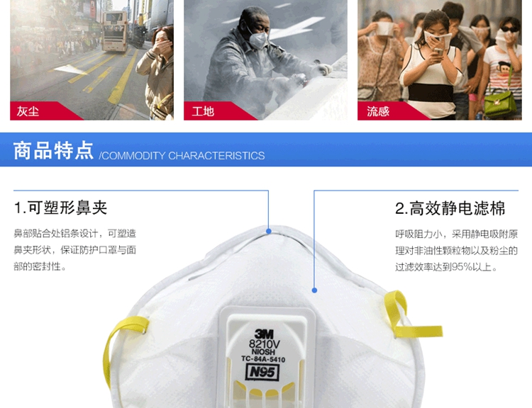 3M 8210V 呼吸阀口罩 防雾霾 防PM2.5颗粒物 防尘口罩 N95级 英文版 5个价