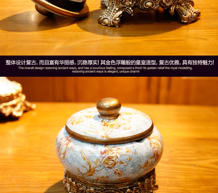 
                                        蒂拉 欧式复古手绘陶瓷大号金色烟灰缸 创意烟缸带盖树脂底座客厅摆设装饰品摆件                