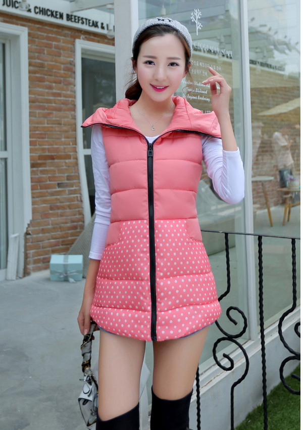 樱雪妃2015秋冬新款外套中长款马夹马甲拼接修身连帽棉服潮时尚女装 黑色 XL