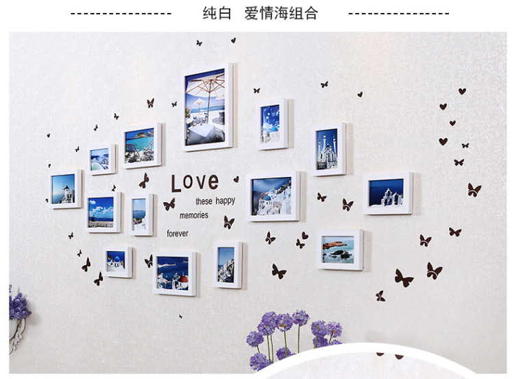 佰御祥 实木照片墙相框墙欧式卧室结婚照挂墙相片墙组合创意家居饰品14框照片墙 纯白爱情海
