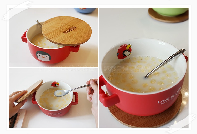 悠家良品 悠家四宝双耳泡面杯子 带盖陶瓷大号泡面碗饭碗 创意马克杯750ml 大良