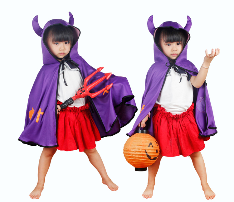 仕彩万圣节服装儿童表演服装cosplay恶魔牛角披风儿童演出服 紫色披风+恶魔叉+南瓜灯