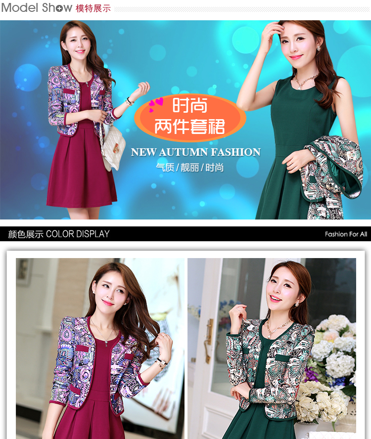 嘉尚铭衣2015秋装新款女装长袖两件套连衣裙修身秋季中裙印花套裙LQ626 紫色 M