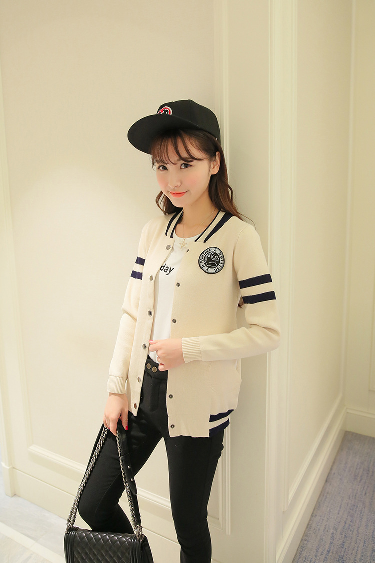 御品顿 棒球服 针织卫衣女 开衫2015秋装新款女装日韩学院风休闲条纹外搭披肩外套 女 蓝色 均码