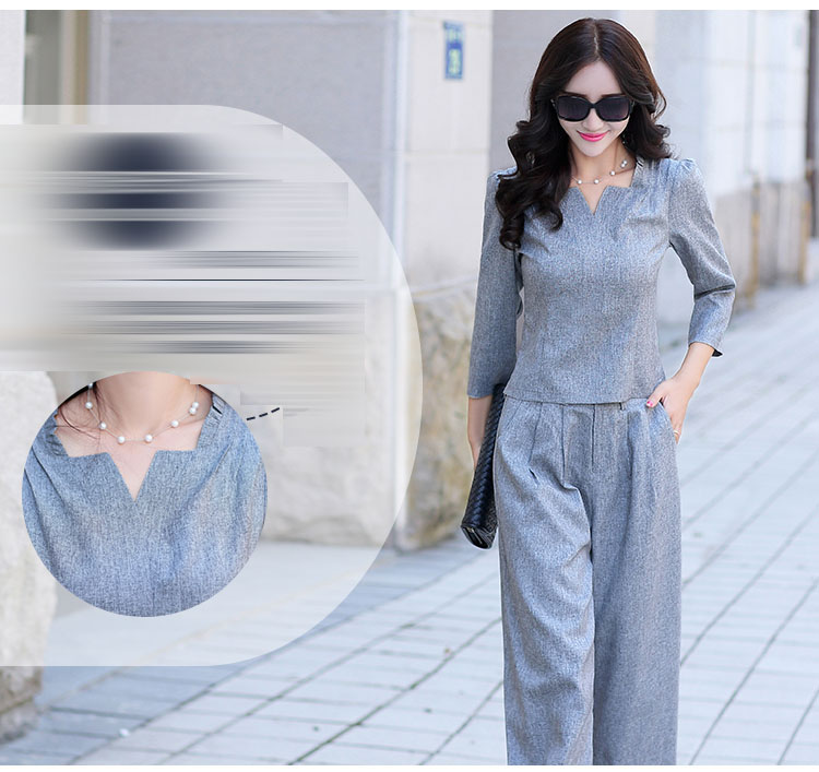依澜汐 2015秋装新款女装时尚套装阔腿裤两件套长裤名媛棉麻修身休闲套装9003 灰色. M
