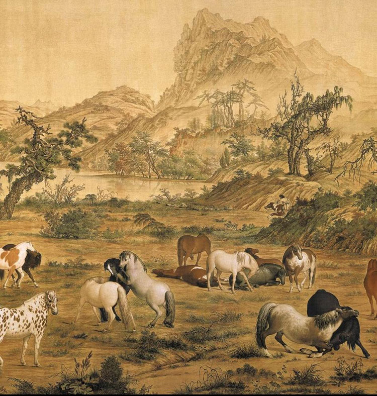 
                                        青藤紫萱 百骏图十大经典名画  印花十字绣套件 半景图11CT棉线241*74cm满绣--白底                