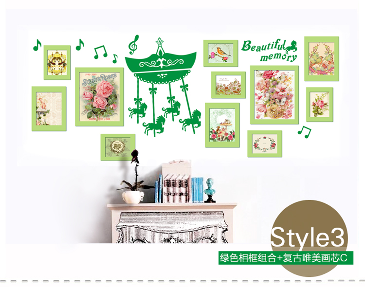 森图亚 雕花实木照片墙 创意木马墙贴11相框墙 欧式组合装饰画框相片墙 蓝框