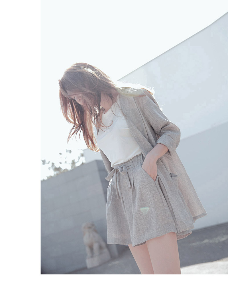 Elexs欧美范小西装套装/小西装外套+收腰绑带短裤棉麻西装套装女 灰色 XL
