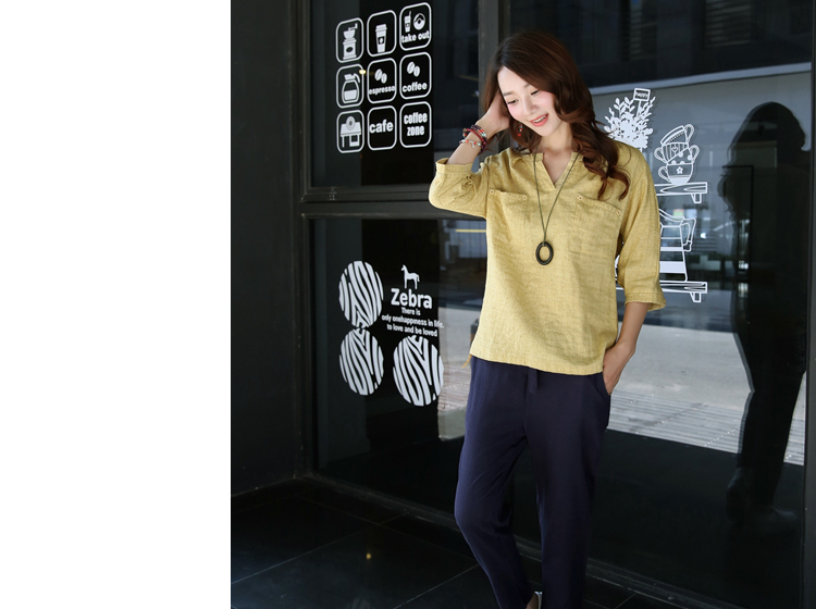 优和 2015秋装新款棉麻气质印花大码七分袖T恤女 TX075 蓝色 3XL