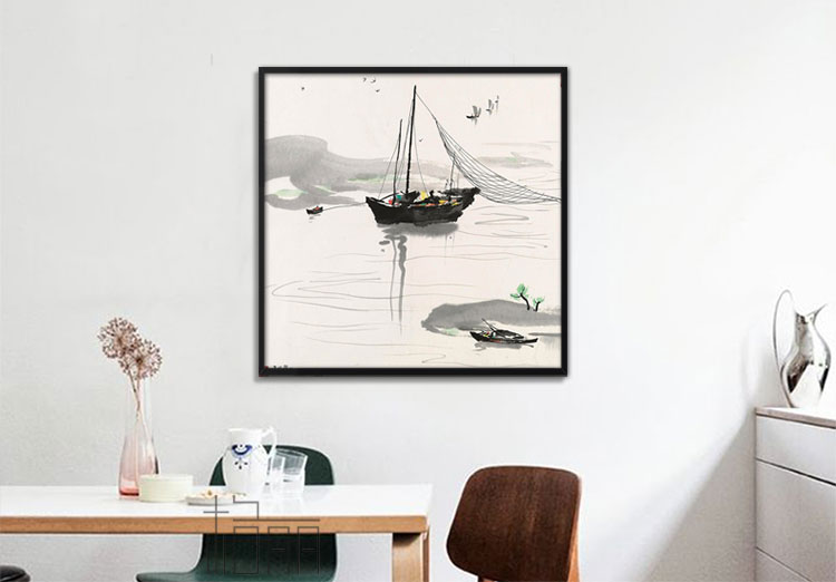 
                                        格丽新中式装饰画企业办公室挂画 吴冠中写意山水风景水墨画国画 河流船只 两联黑白装饰字画 两联组合 40*40cm                