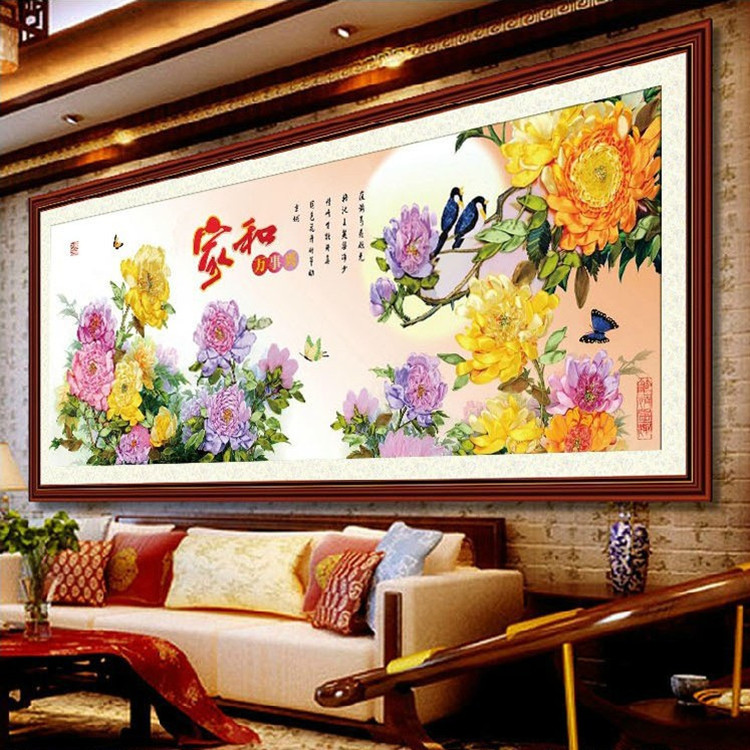 
                                        悠趣 手工绣丝带绣套件 大幅客厅装饰挂画 孔雀牡丹图花开富贵 A-293小版170x75CM                