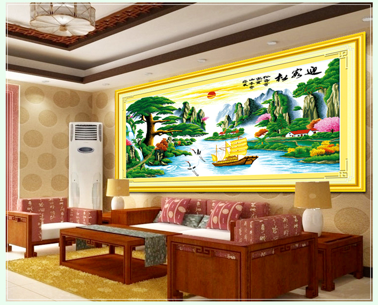 
                                        爱度ks 十字绣客厅新款大幅迎客松财运版印花中格棉线山水风景画 中版约189*96【送一副五福】 中格3股线绣                