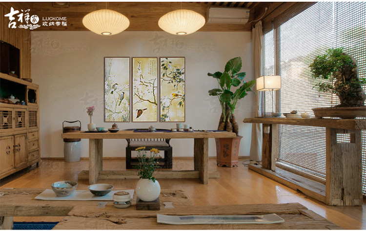 吉祥家 现代中式三联幅装饰画竖式 鹂语芳菲 工笔花鸟国画有框画客厅壁饰壁画 客厅挂画卧室画 壁画花香依旧 108*44cm