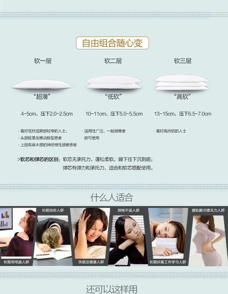 
                                        诗梦轩家纺单人随心变枕头调节高矮软枕芯超薄枕头低枕芯纯棉成人矮枕头床品 中低枕1层睡下5cm 48*74CM不配枕套                