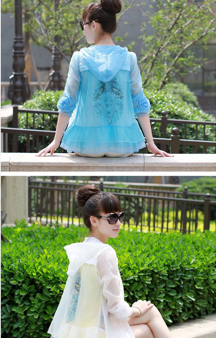 韩誉2015夏季蕾丝防晒衣女长袖防紫外线超薄外套连帽短款防晒服衫 白色 M 160