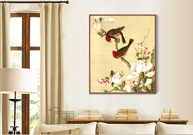 
                                        格丽客厅装饰画中式有框画 郎世宁花鸟画 客厅背景画玄关壁画餐厅挂画新中式别墅喷绘画墙画 花鸟系列一组合 50*70cm                