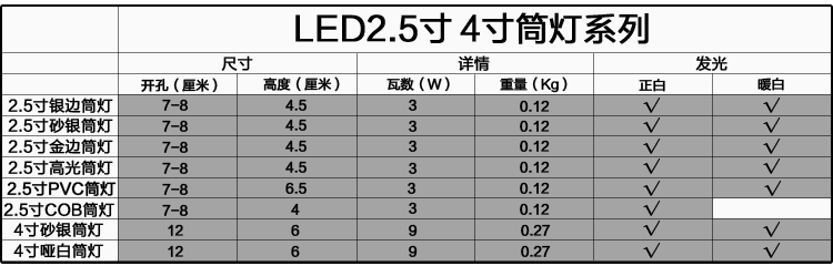 2.5寸筒灯 LED筒灯 防雾筒灯 天花灯 高亮3瓦 4寸灯具全套 白光 4寸 哑白