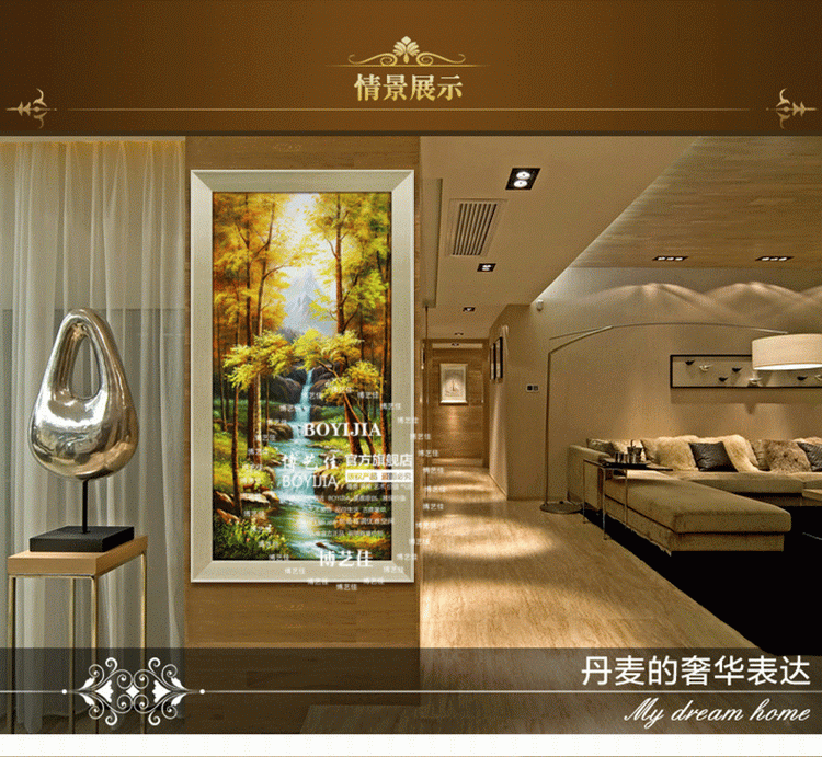 
                                        博艺佳 欧式风景山水画手绘油画酒店家居玄关走廊装饰画有框挂画 A款-豪华角花框 80CM*160CM                