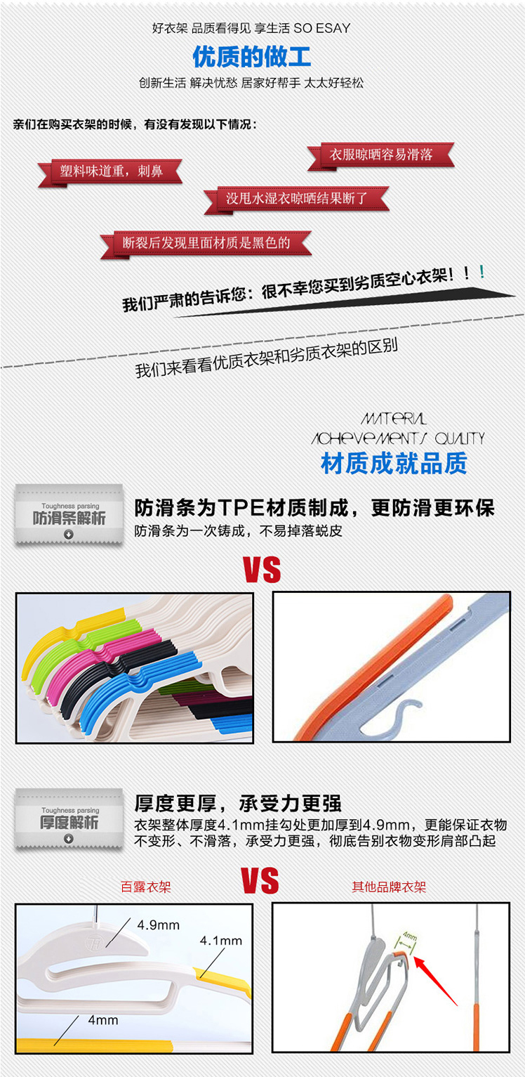 
                                        百露 新款肩无痕衣架加厚防滑衣架 干湿两用塑料衣挂衣架 玫瑰红色10支装                