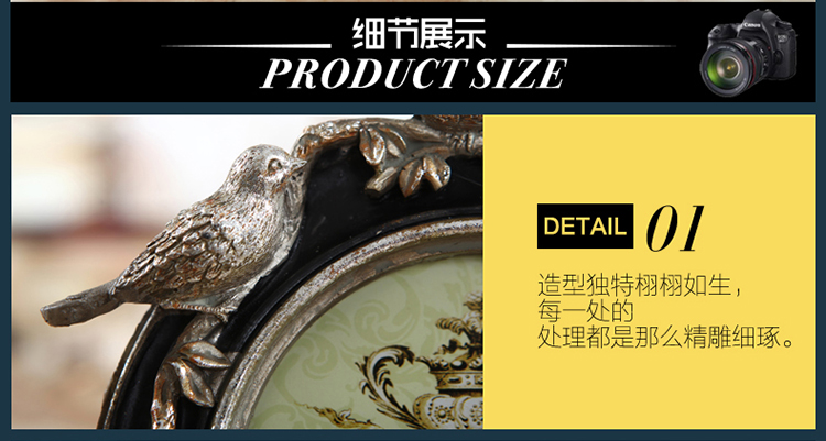
                                        格丽相框 欧式复古做旧立体小鸟圆形黑色树脂相框摆台 创意艺术照片像框卧室办公桌面摆设                