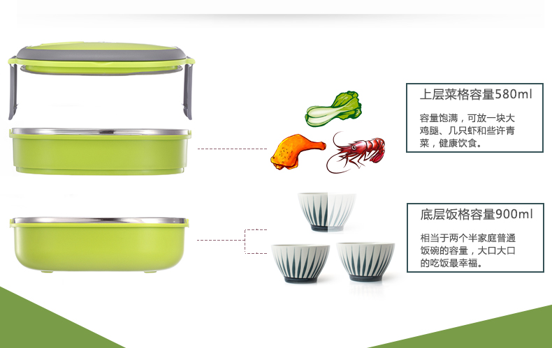 
                                                            沃德百惠 不锈钢饭盒保温盒密封饭盒 手提式学生便当盒 双层 绿色                